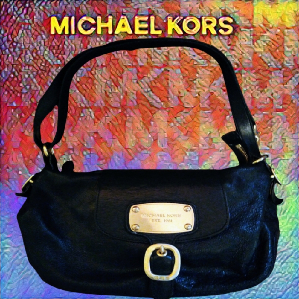 Michael Kors Black Buckle Hobo Convertible Shoulder Bag w Gold Hardware